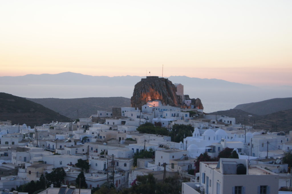 Chora, Amorgos, Greece at Sunset with Kastro in Background