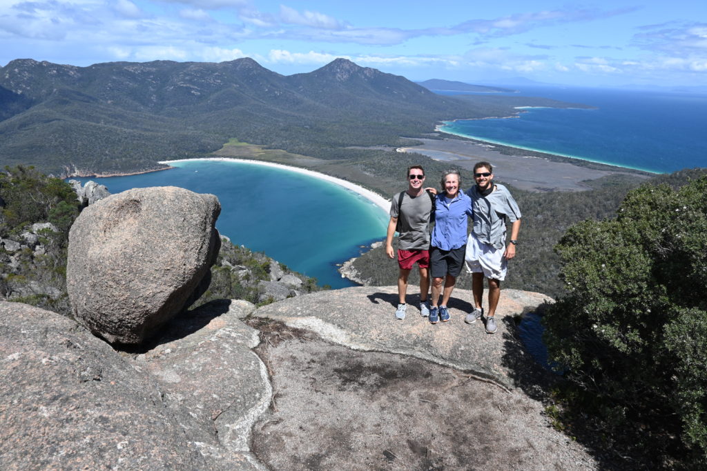 Britton, Judy, and Tanner on the Top of Mt. Amos Overlooking Wineglass Bay in Tasmania