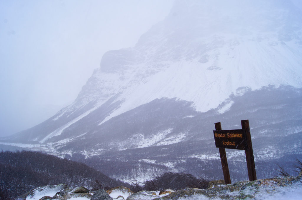 A Blizzard Obscures the View at the Mirador Británico Lookout at Torres del Paine National Park