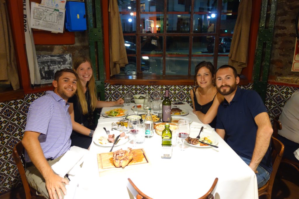 Grabbing dinner at a classic Argentinian steakhouse, with Vanessa, Thibaud, and Inès, after a full day of exploring the city