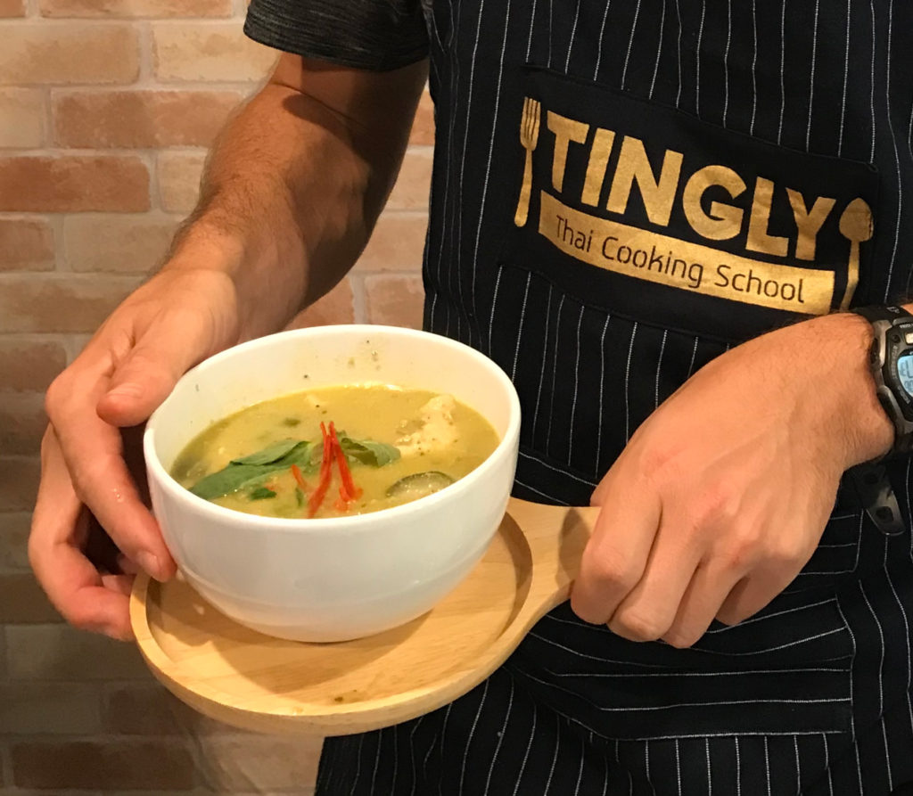 I whipped up some tasty green curry at Tingly Thai Cooking School in Bangkok