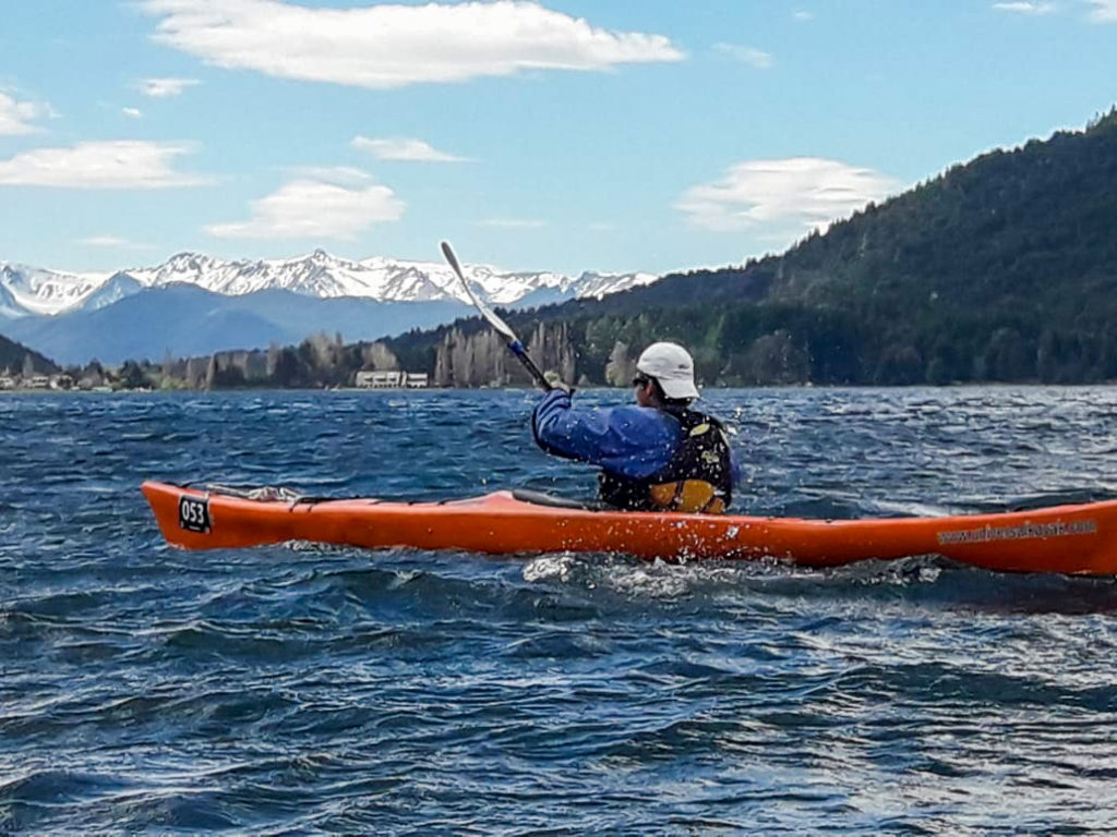 Me, kayaking on the choppy water of the Lago Guiterrez in Bariloche, Argentina.