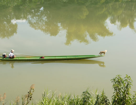 Man Floating Down the River with His Dog in Laos