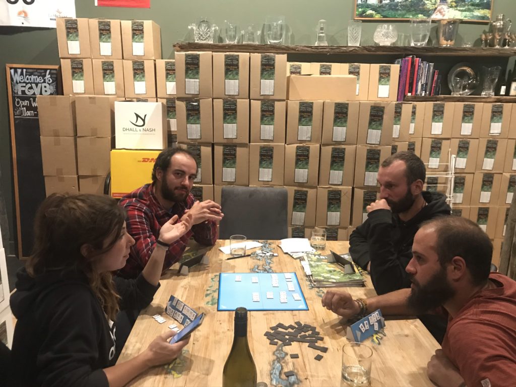 Game night at the vineyard in New Zealand during Covid lock-down. My French friends.
